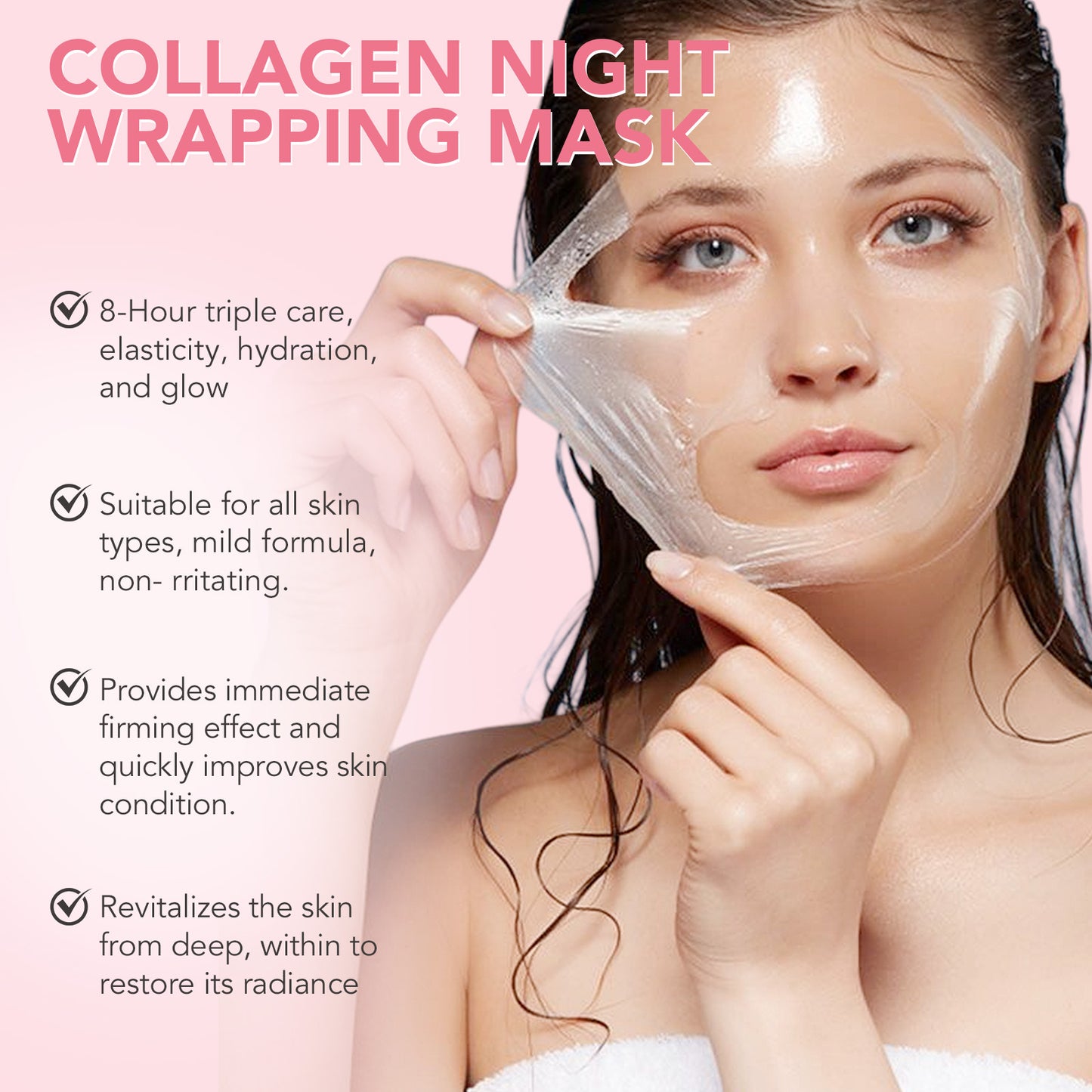 Woman applying a collagen night wrapping mask with product details on a pink background