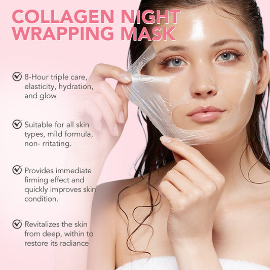 Woman applying a collagen night wrapping mask with product details on a pink background