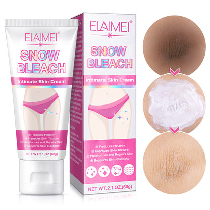 Elaimei Snow Bleach Intimate Skin Cream packaging with before and after effects on skin.

Before and after result of ELAIMEI Snow Bleach intimate skin cream on dark areas showing improved skin tone in Bangladesh
